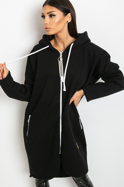 Luxurious women's hooded zip sweatshirt in black, featuring an extended cut, long sleeves, and stylish zippered pockets, exuding elegance and comfort.