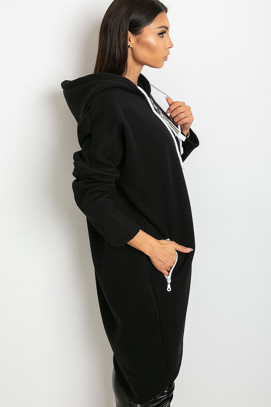 Sophisticated side view of a black women's hooded zip sweatshirt, showcasing its extended design and chic zippered pockets, perfect for a stylish ensemble.