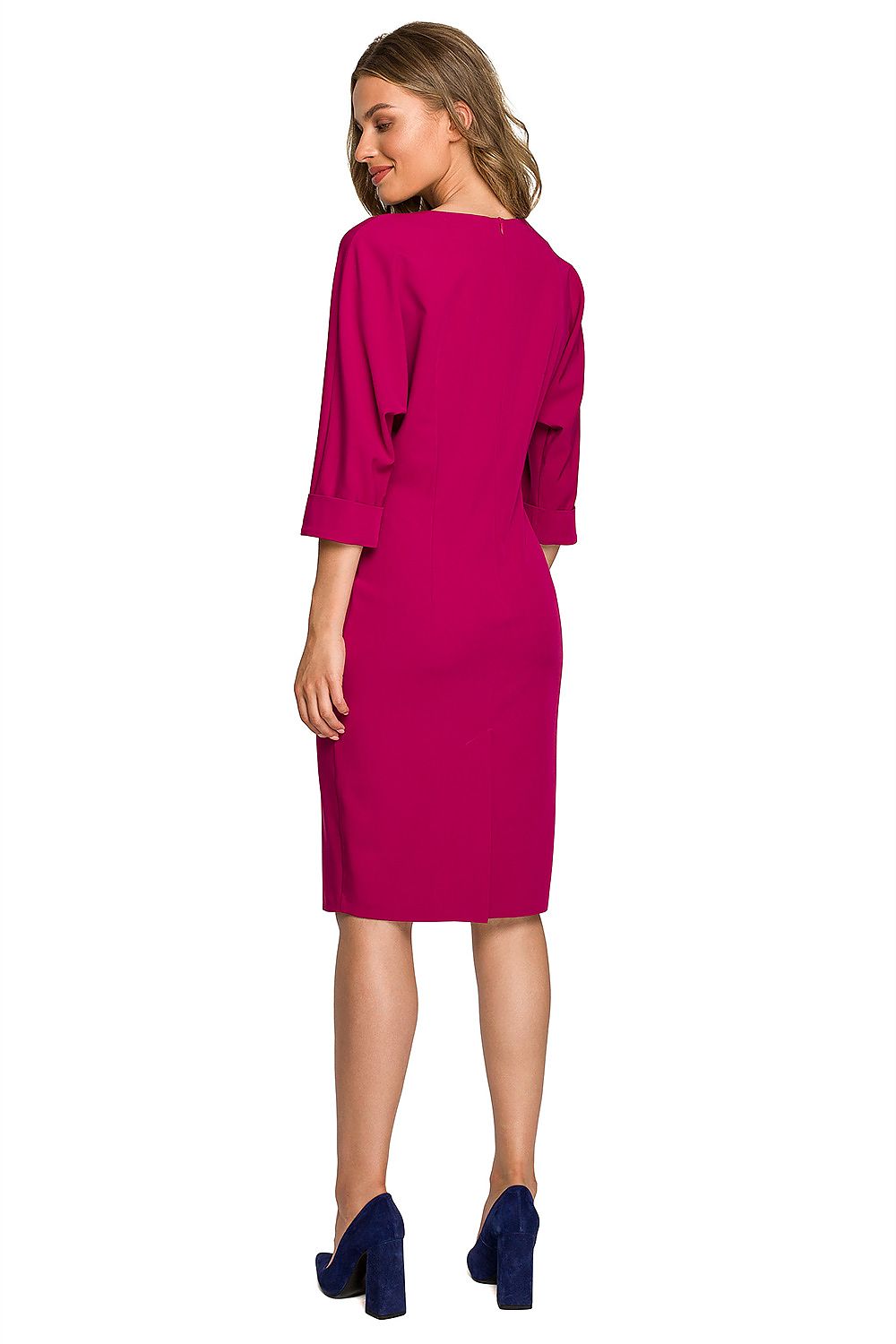 Back view of a stylish women's daydress in vibrant fuchsia with elegant batwing sleeves and a feminine waist cut, perfect for chic outings.