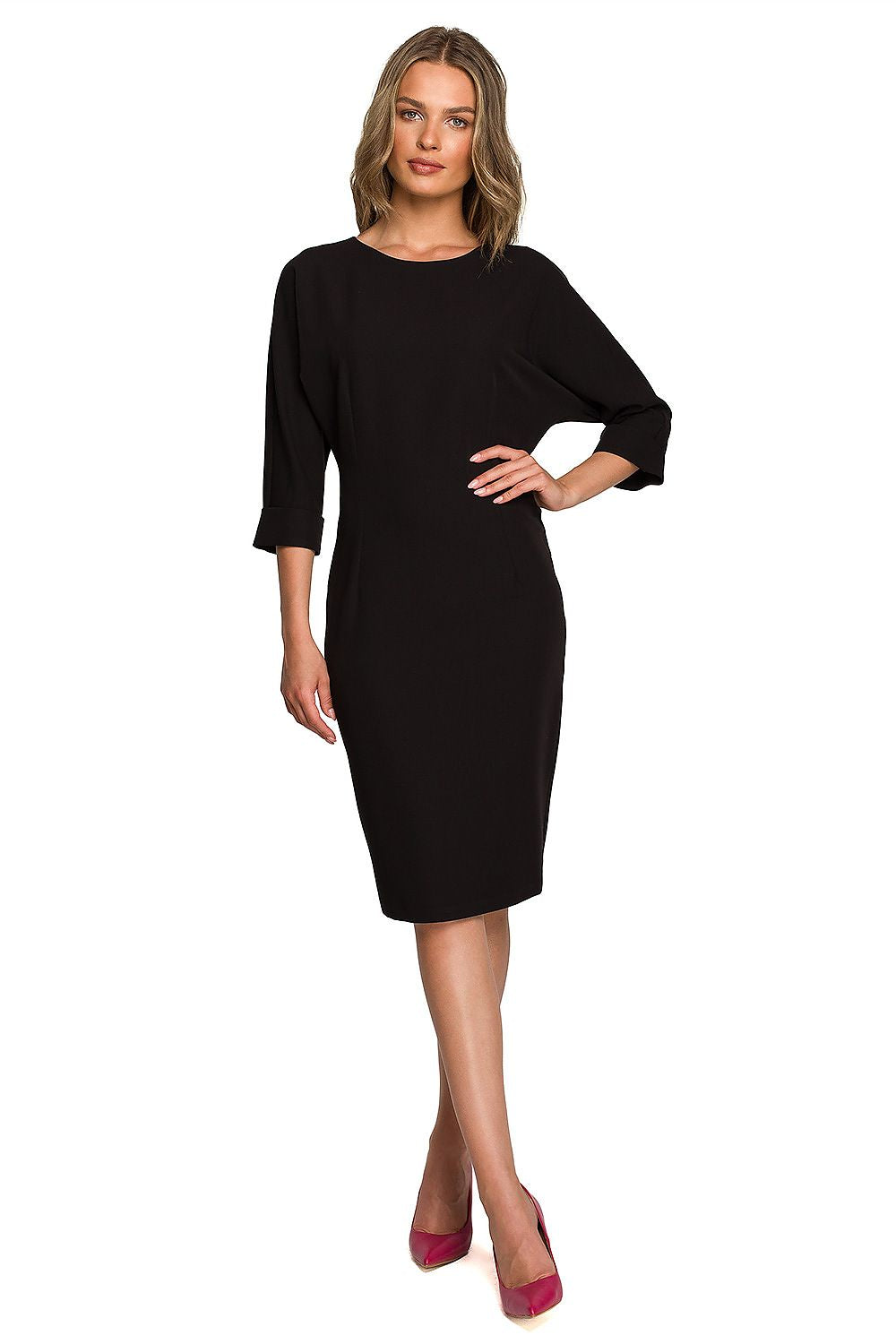 Front view of a sophisticated women's daydress in classic black featuring batwing sleeves and a tailored waist, ideal for formal occasions.