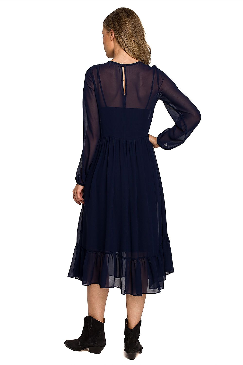 Back view of a fashionable navy chiffon cocktail dress featuring a ruffled hem and wide elastic sleeves, showcasing elegance and sophistication.