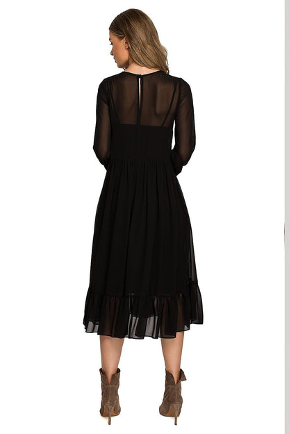 Back view of a stylish black chiffon cocktail dress with a ruffled hem, highlighting its elegant design and versatility for special occasions.