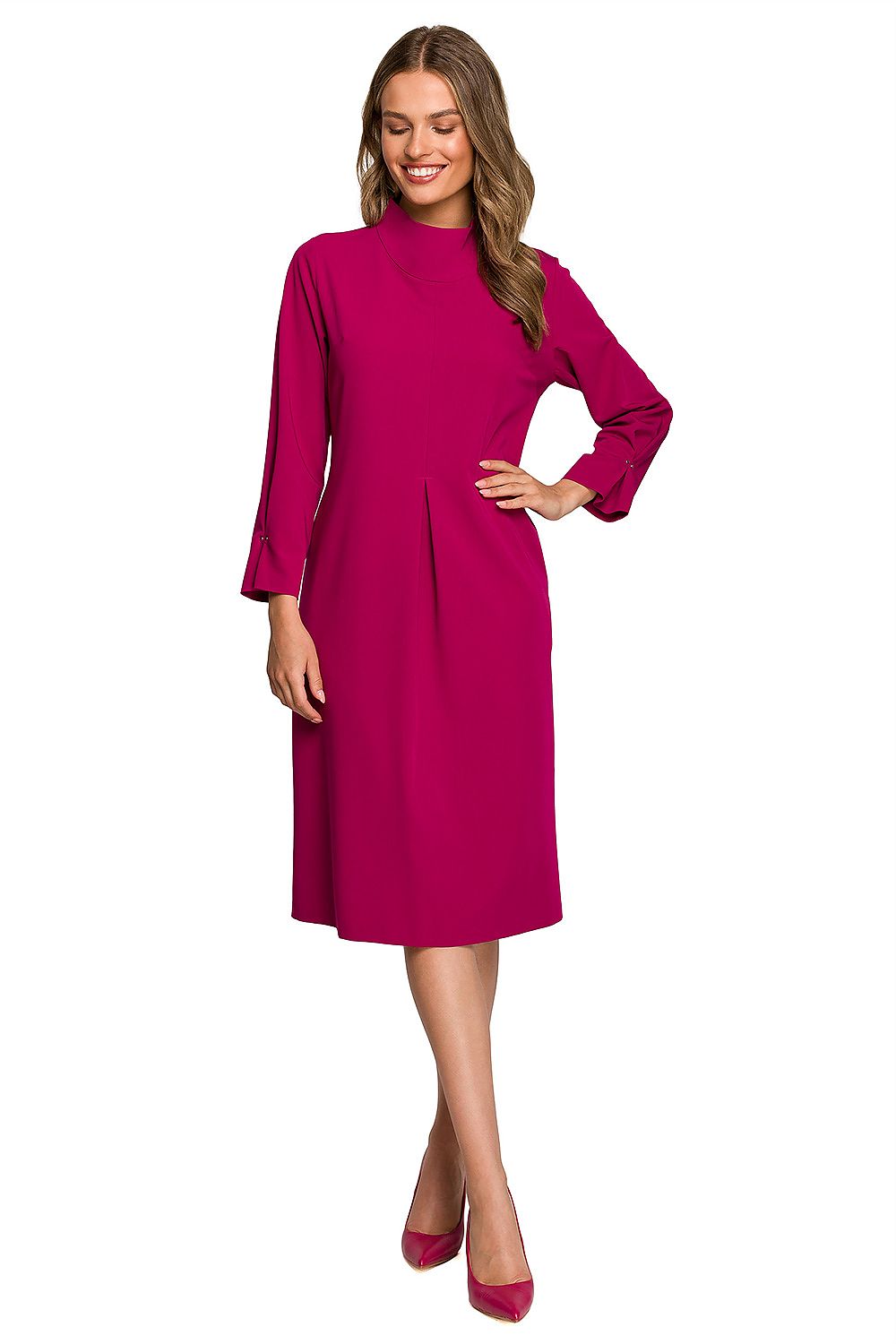Front view of a luxurious Stylove daydress in vibrant pink, featuring pleats and a high collar, ideal for chic day events.