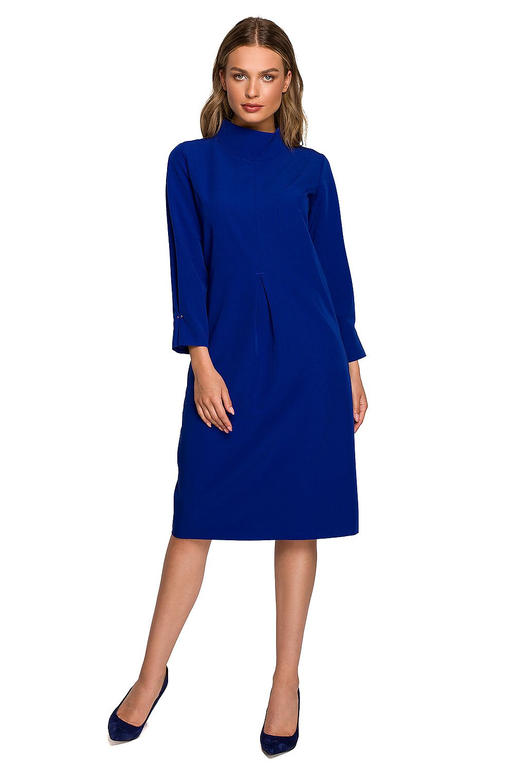 Elegant blue daydress featuring a high collar and pleats, styled with long sleeves, perfect for understated luxury.