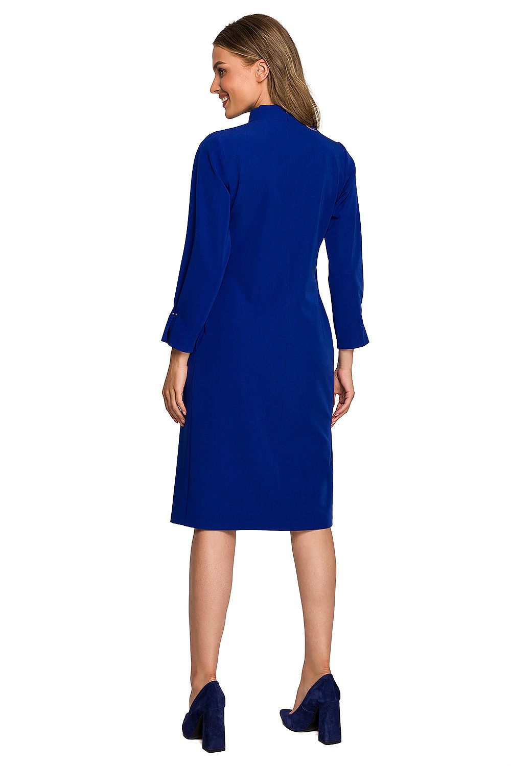 Back view of an elegant blue daydress with a high collar, showcasing a sleek silhouette and covered zipper, ideal for sophisticated occasions.