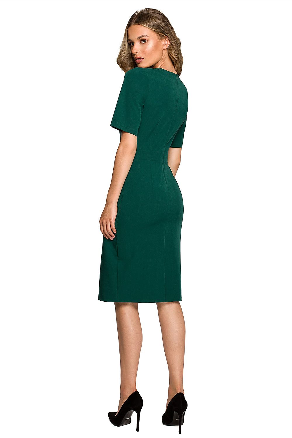 Back view of a luxurious green pencil dress from Stylove, showcasing its tailored fit and covered zipper detail.