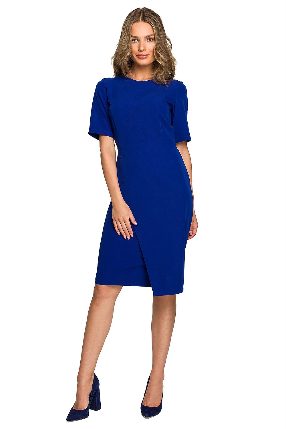 Graceful model in a striking blue Elegant Pencil Dress with double overlap detail, styled with elegant matching pumps, exemplifying contemporary glamour.