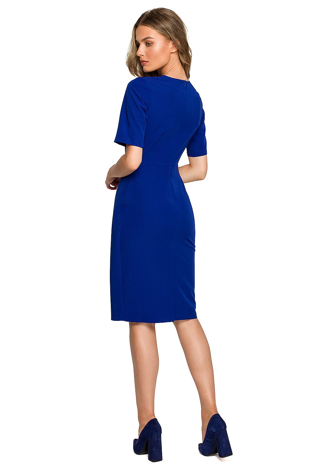 Stylish blue Elegant Pencil Dress on a model from the back, highlighting its chic design and covered zipper, embodying refined luxury.