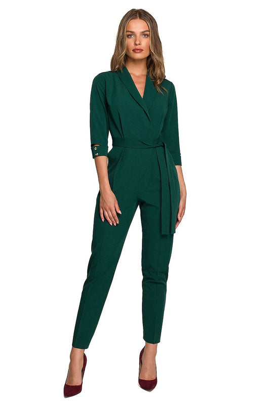 Stylove elegant green jumpsuit featuring a shawl collar, waist tie, and 7/8 length sleeves, ideal for office chic styling.