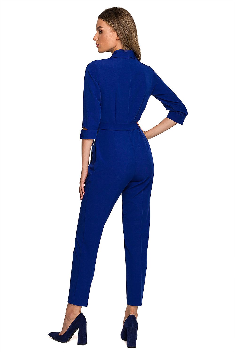 Stylove blue jumpsuit displayed from the back, featuring a shawl collar and tailored fit, perfect for fashionable office wear.