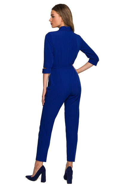 Stylove blue jumpsuit displayed from the back, featuring a shawl collar and tailored fit, perfect for fashionable office wear.