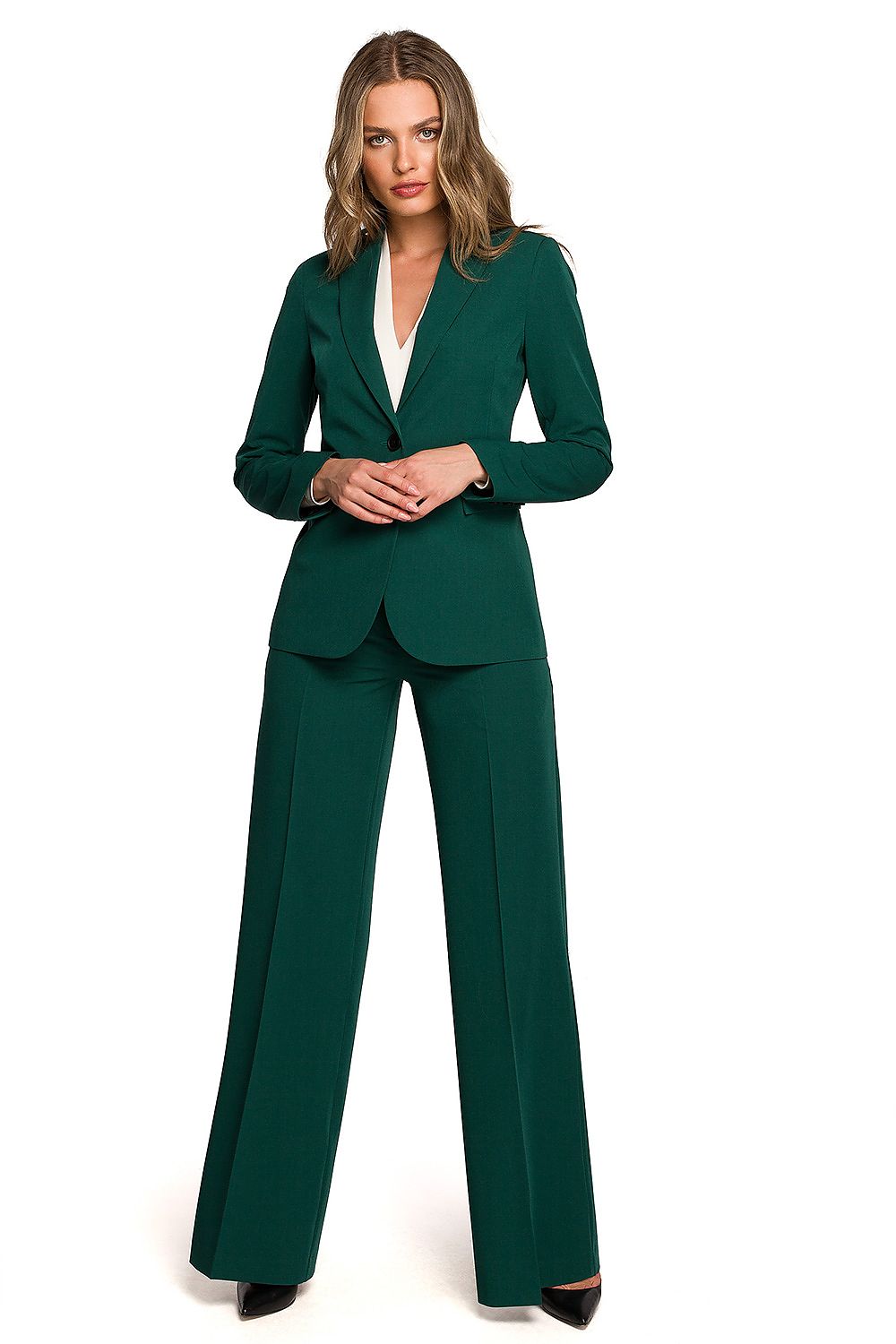 Elegant women’s one-button waist jacket in emerald green, paired with wide-leg trousers, showcasing a sophisticated and polished look for upscale occasions.