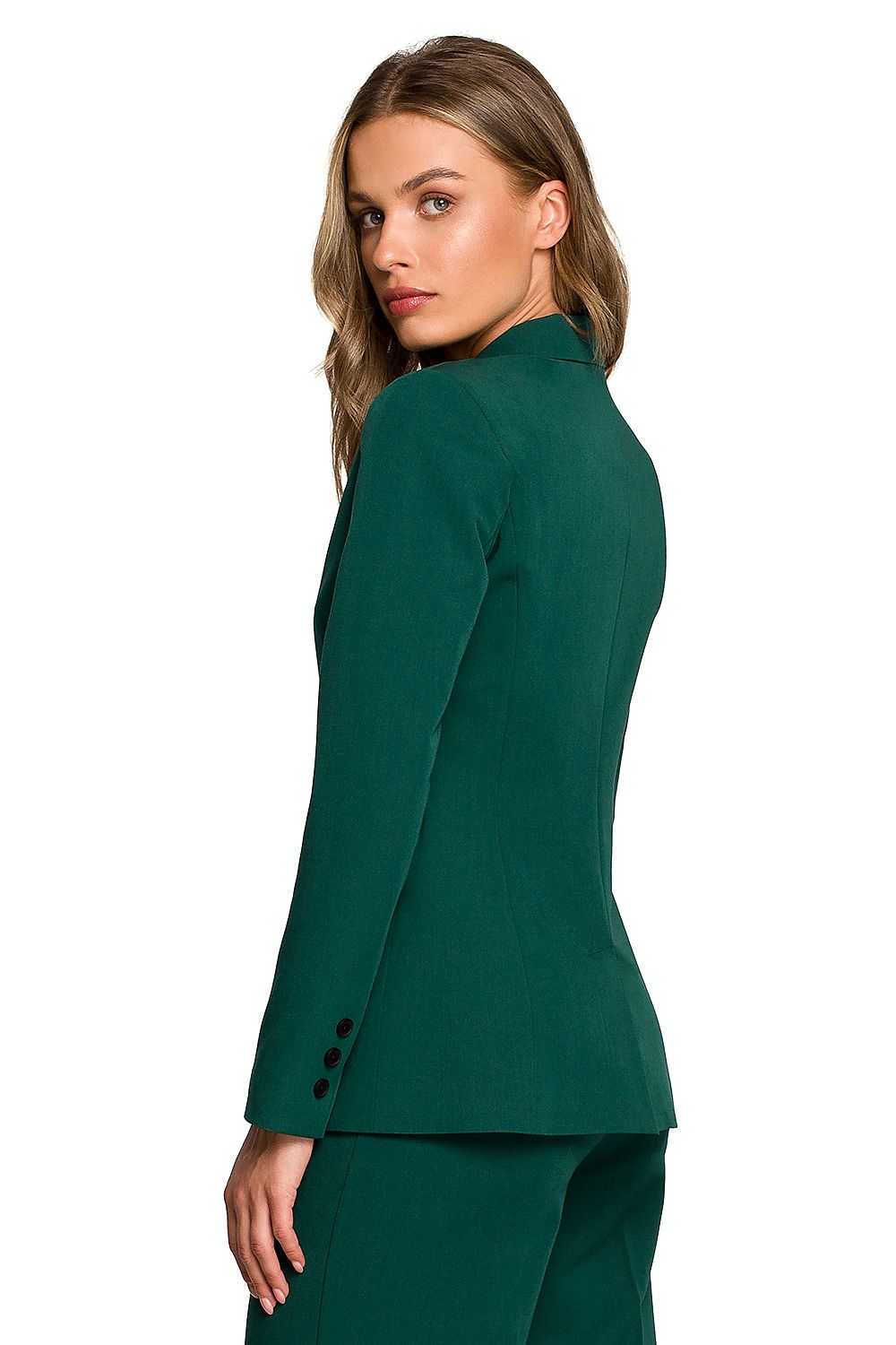 Rear view of a stylish emerald green one-button waist jacket for women, highlighting tailored fit and premium fabric, ideal for formal events.