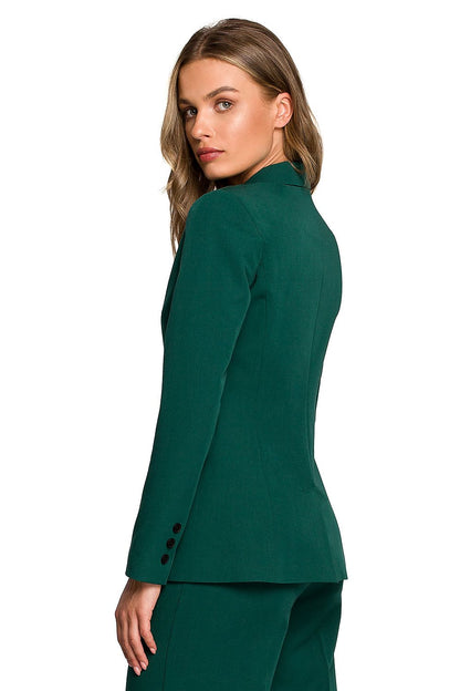 Rear view of a stylish emerald green one-button waist jacket for women, highlighting tailored fit and premium fabric, ideal for formal events.