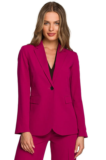 Chic women’s one-button waist jacket in vibrant fuchsia, designed for a contemporary and luxurious look, worn with matching trousers for a complete ensemble.