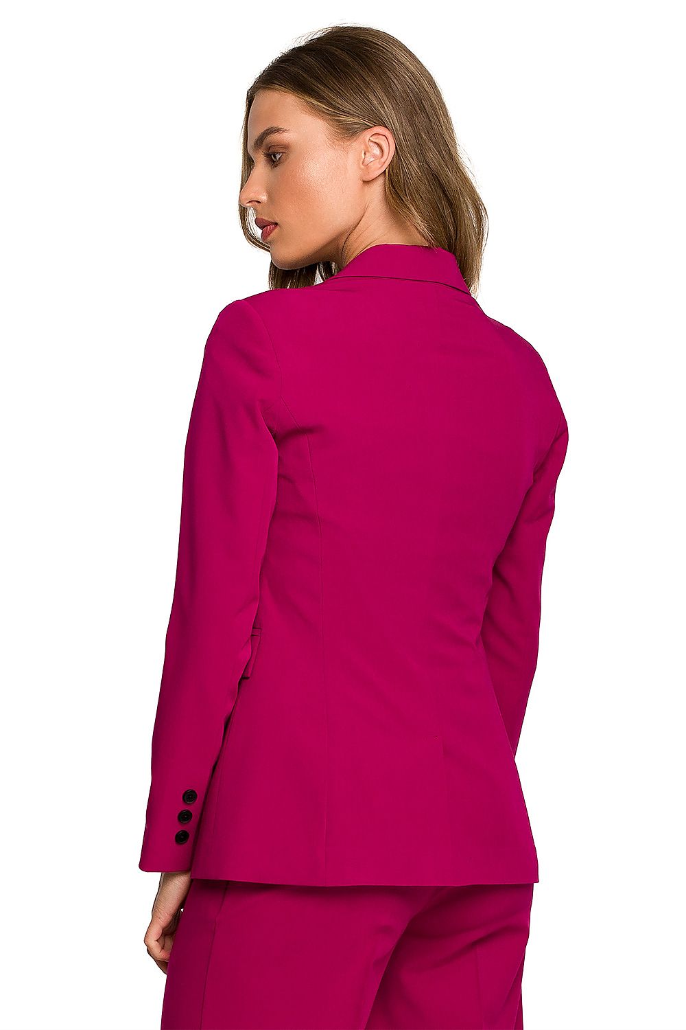 Back view of a sophisticated fuchsia one-button waist jacket, featuring tailored details and a luxurious finish, ideal for upscale fashion statements.