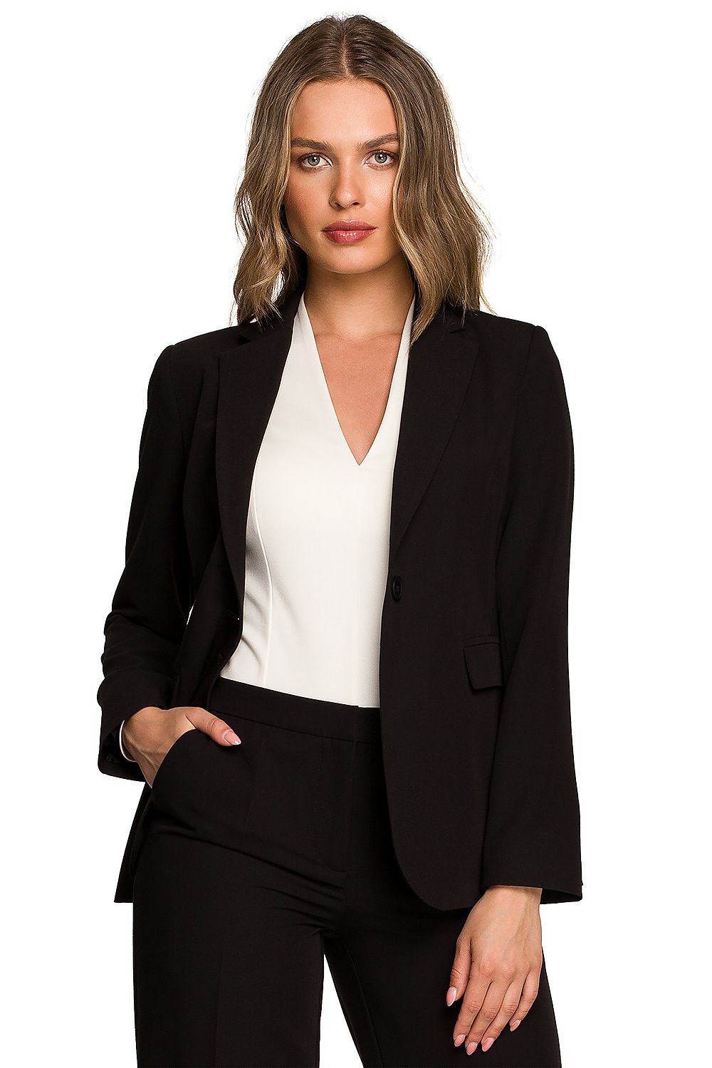 Elegant woman wearing a classic black one-button waist jacket, complemented with a chic white blouse, perfect for sophisticated styling.