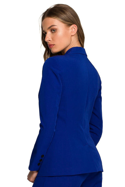 Luxuriously tailored blue one-button waist jacket for women, showcasing a sleek and elegant silhouette. The model presents the jacket from a rear angle, highlighting its sophisticated design and impeccable craftsmanship, perfect for a chic wardrobe.