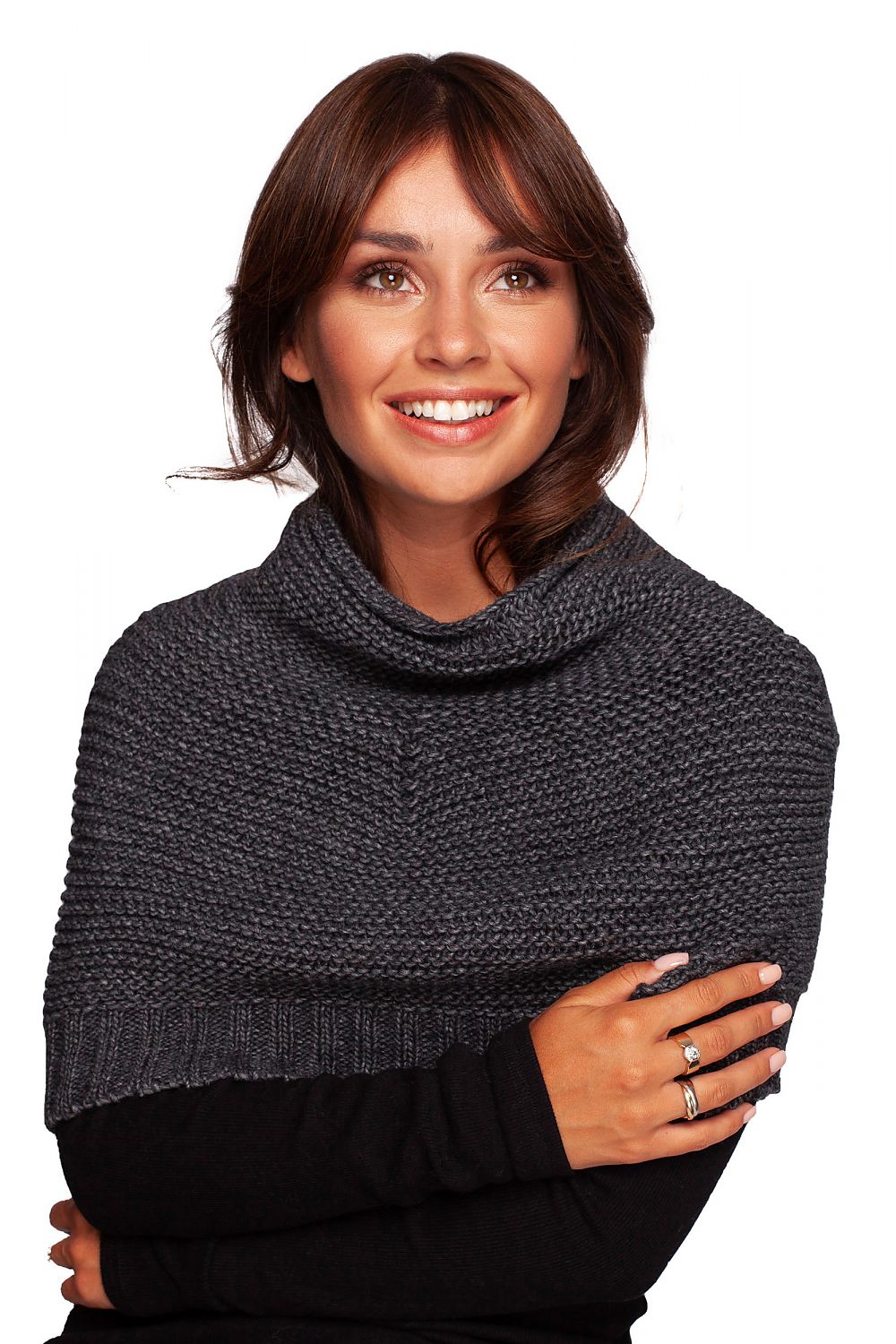Glamorous woman draped in a classic grey luxurious 3-way infinity scarf by BE Knit, exemplifying style and comfort.