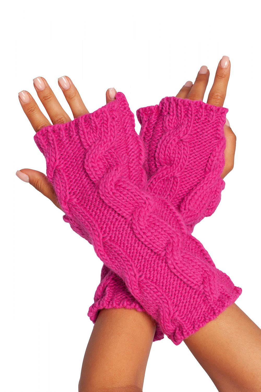 Close-up of luxurious pink ribbed fingerless gloves, beautifully knitted, highlighting intricate patterns and soft texture.