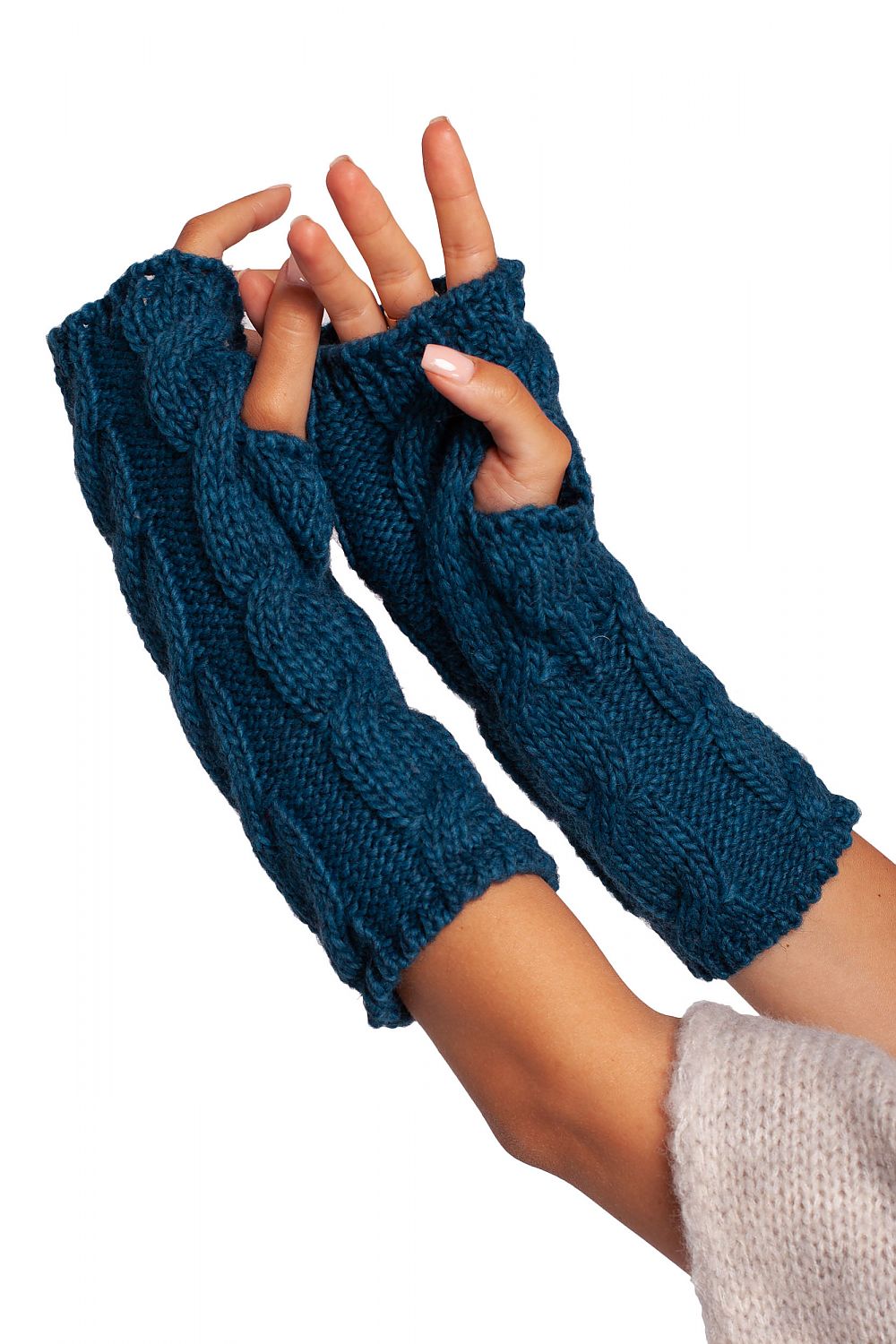 Close-up of deep blue ribbed fingerless gloves, demonstrating high-quality knit texture and luxurious craftsmanship.