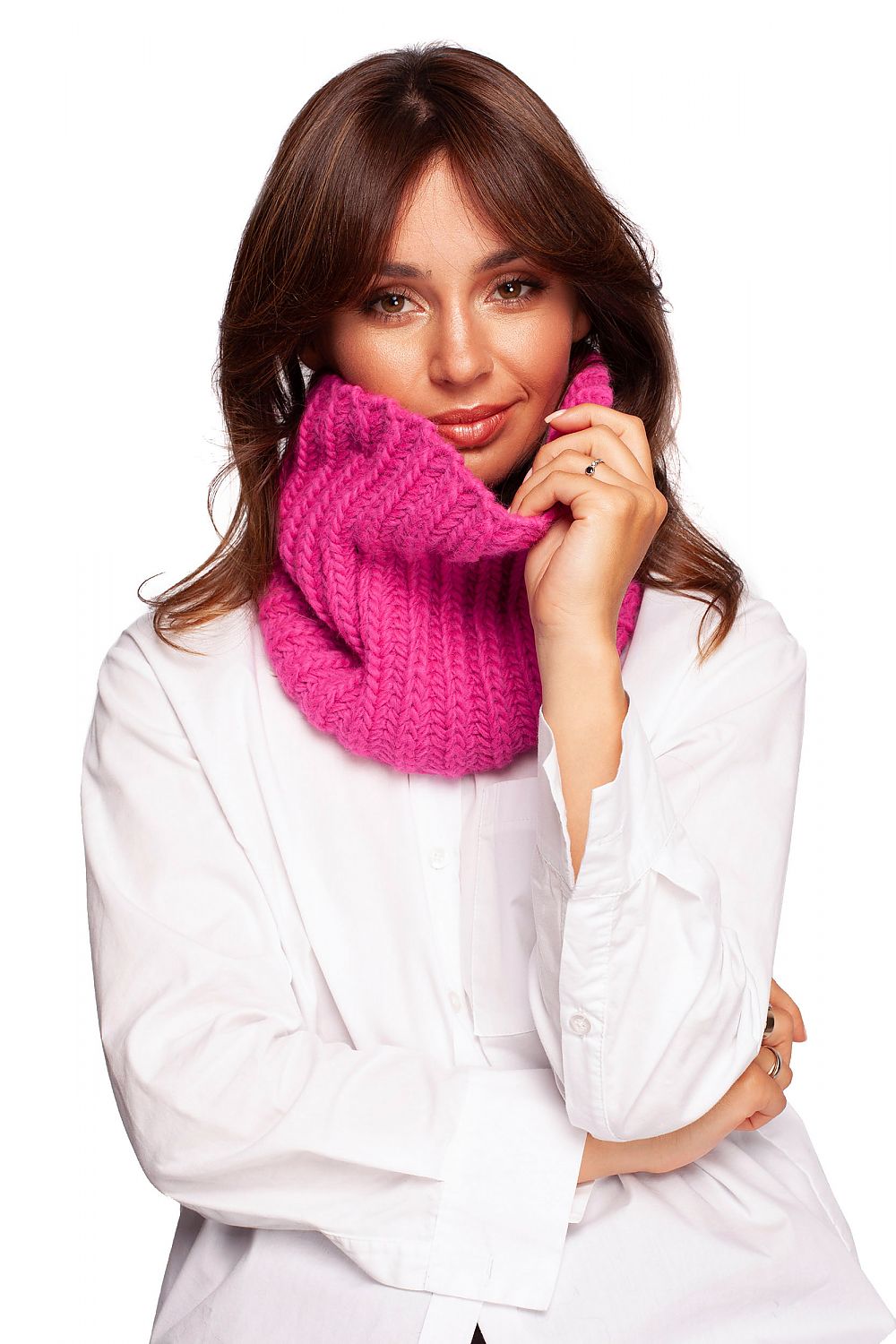 Luxurious pink acrylic infinity scarf styled elegantly, perfect for autumn and winter warmth.