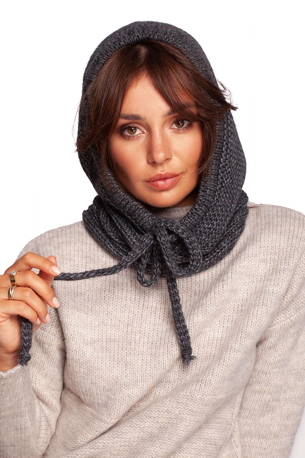 Luxury BE Knit Balaclava Sweater made from a warm blend of acrylic, nylon, and wool, perfect for stylish autumn wear.
