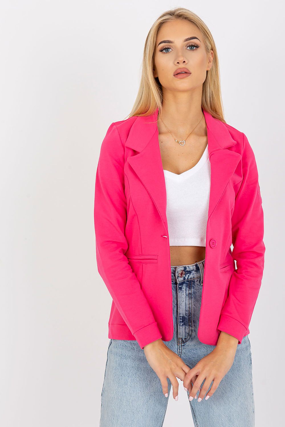 Luxury long sleeve pink jacket by Och Bella, featuring a stylish decorative patch, perfect for chic occasions and a modern wardrobe.