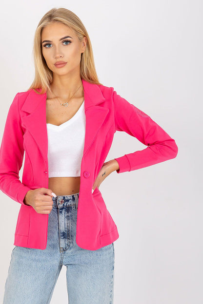 Fashionable pink blazer with long sleeves by Och Bella, ideal for upscale events, showcasing a trendy design with a decorative patch.