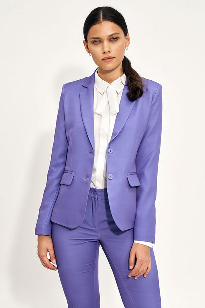 Nife Women’s Classic Blazer Jacket in elegant purple, tailored fit with a casual cut, styled with a white blouse, perfect for work and everyday chic.