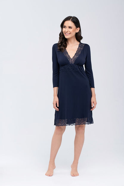 Babella luxury winter nightshirt featuring a deep V-neckline adorned with lace accents, designed for ultimate comfort and elegance. Model wearing 3/4 sleeve nightgown in navy, showcasing sophisticated style.