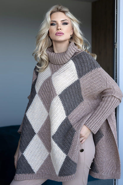 Chic women's turtleneck poncho sweater in a stylish diamond design, showcasing rich neutral colours. The long sleeves enhance the luxurious appeal, perfect for upscale fashion.