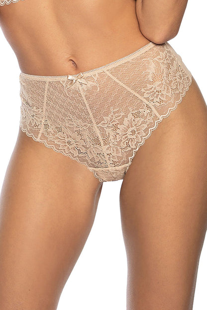 Elegant beige women's lace thong with mesh back, showcasing delicate floral lace detailing, perfect for luxurious everyday wear.