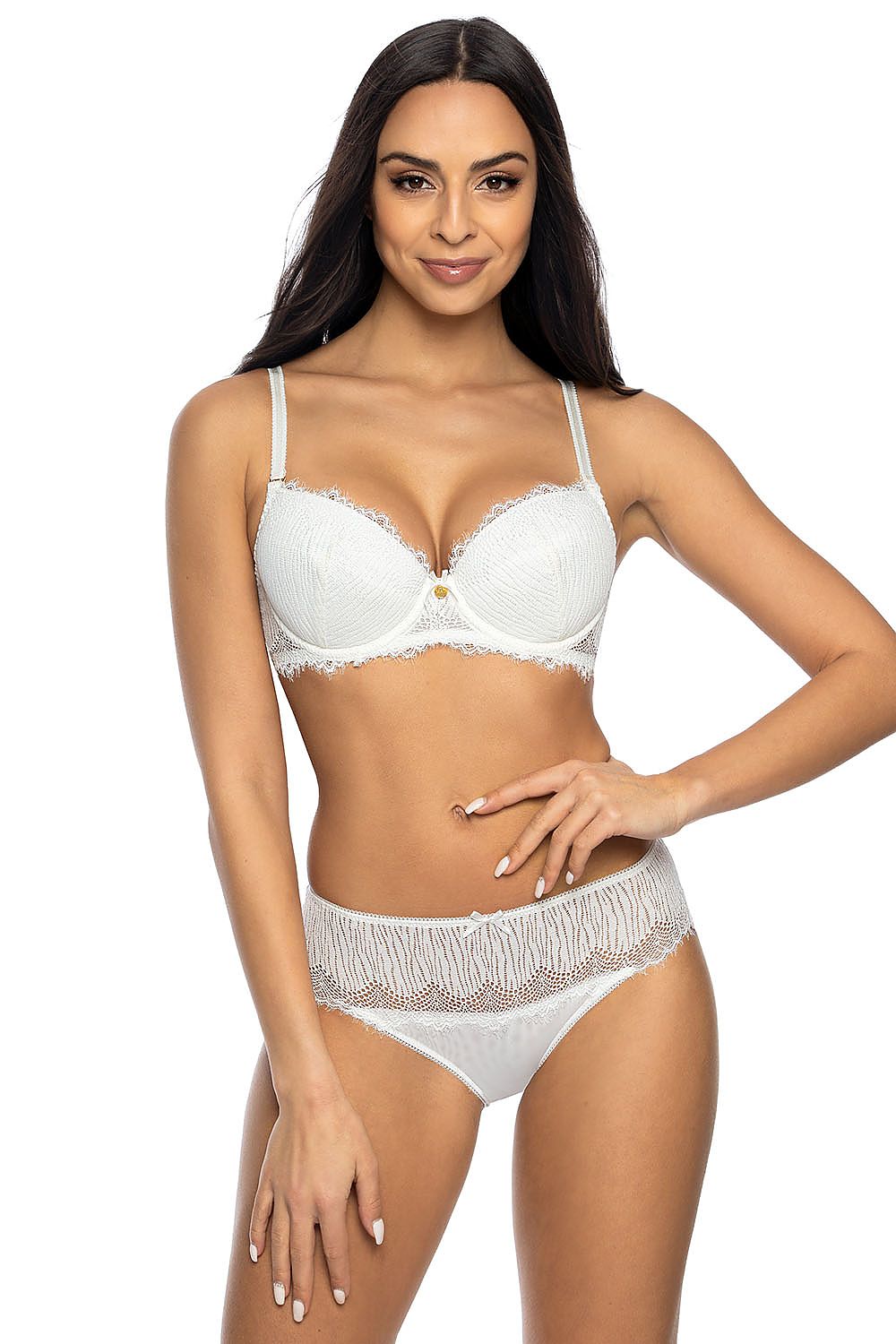 Luxury white lace lingerie set displaying a stylish bra combined with matching lace panties, perfect for sophisticated intimate wear.