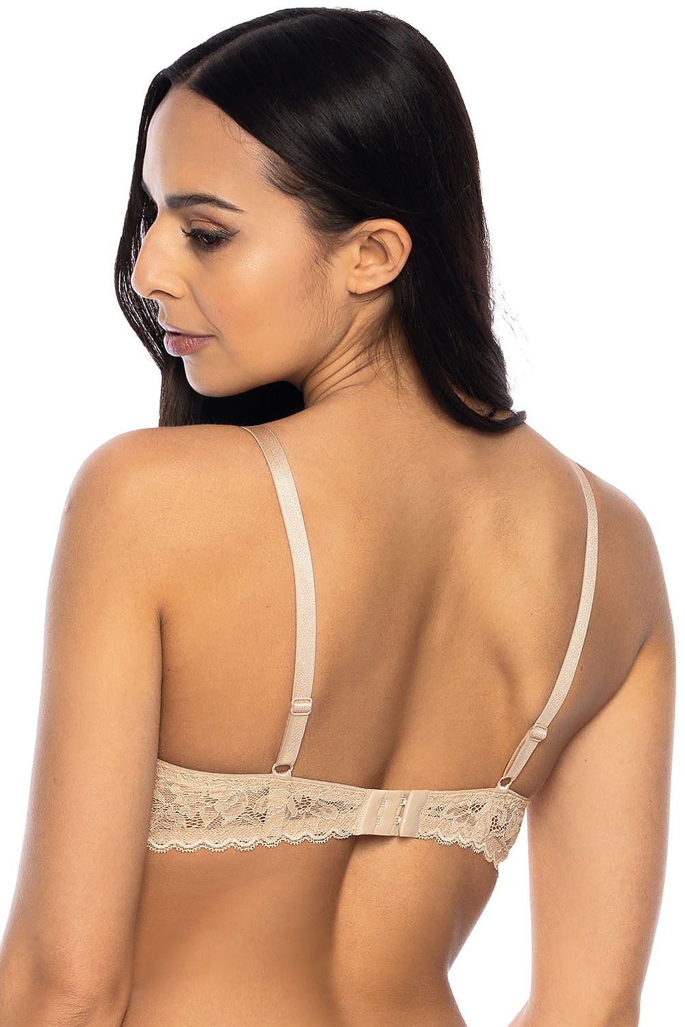 Back view of a luxury lace push-up bra, highlighting adjustable straps and intricate lace design, offering a blend of style and comfort.