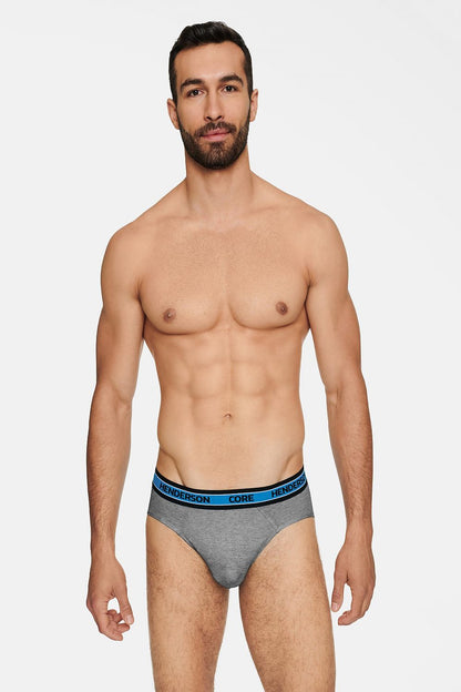 Classically styled male model wearing Henderson Boost Comfort Briefs in a sophisticated grey tone, accented by a sleek black elastic waistband with the iconic Henderson branding.