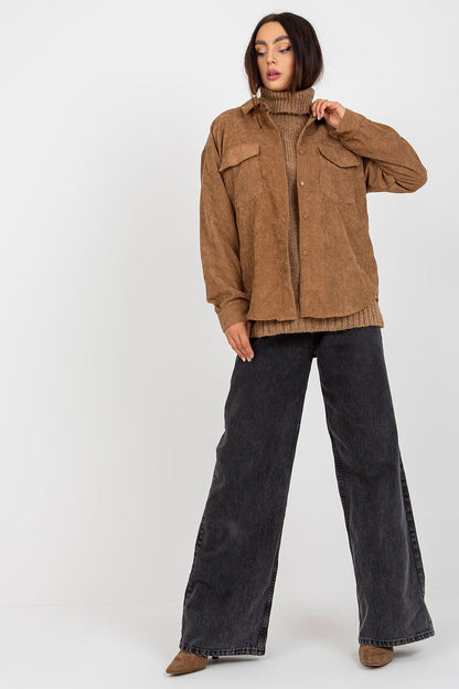 Stylish Luxury Corduroy Long Sleeve Button-Down Shirt for Men, paired with a ribbed turtleneck and wide-leg jeans, showcasing a chic outfit for modern elegance.