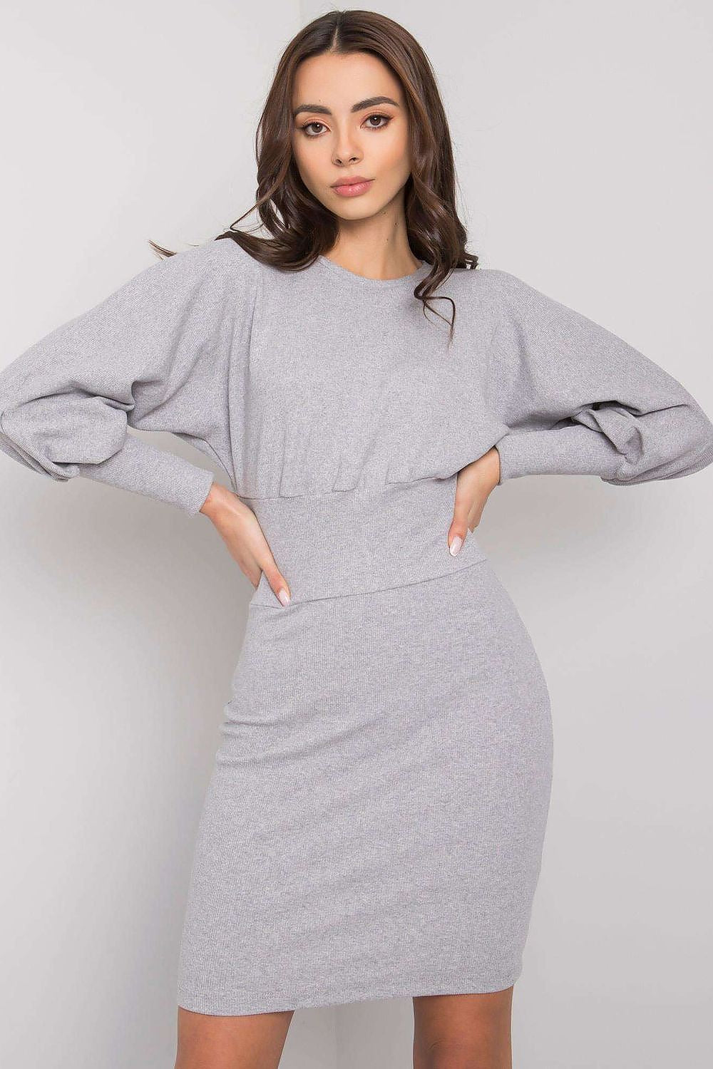 Sophisticated Rue Paris daydress in light grey, highlighting a fitted waist and voluminous sleeves, ideal for a luxurious daytime look.