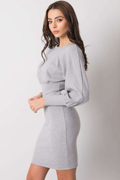 Stylish profile of the Rue Paris daydress in light grey, showcasing its fitted design and long sleeves, perfect for a chic ensemble.