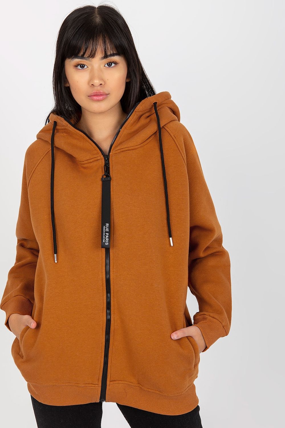 Elegant women's zippered hoodie sweatshirt in rich brown, designed by Rue Paris, featuring a stylish hood and practical pockets, perfect for luxe casual wear.