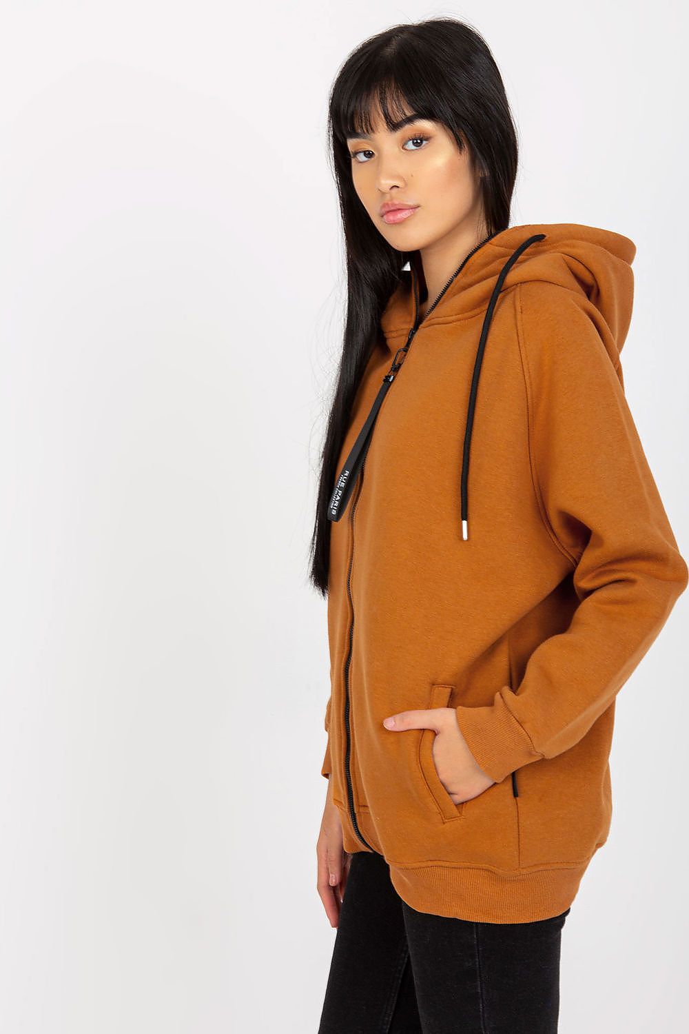 Chic side view of a luxury women's zippered hoodie sweatshirt in brown by Rue Paris, showcasing its modern design and comfortable fit with a stylish hood.