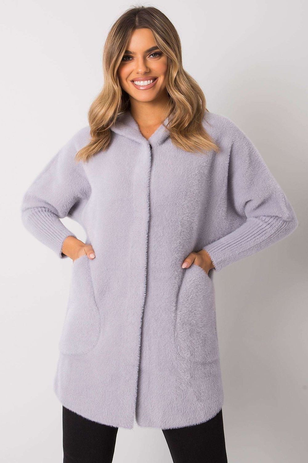 Elegant luxury women's wool blend coat in soft lavender featuring a hood, press studs, and slip pockets, perfect for autumn style.