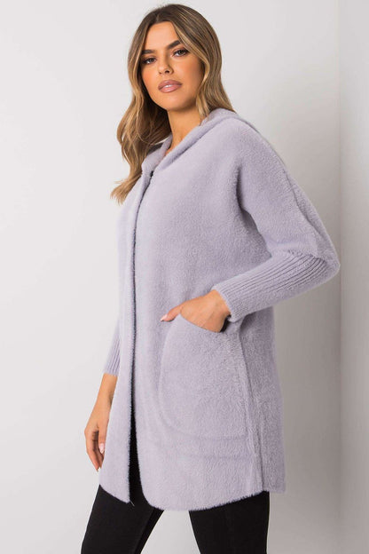 Sleek and modern women's coat in luxurious lavender wool blend, showcasing a comfortable hood, press studs, and elegant slip pockets for autumn sophistication.