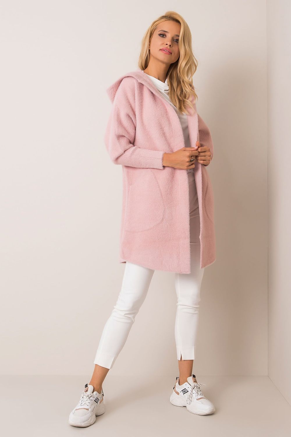 Stylish luxury women's wool blend coat with a hood, showcased in soft pink. Comfy slip pockets and a flattering fit make it an ideal choice for autumn fashion.