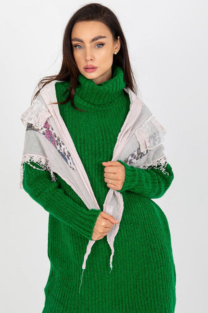 A stunning model presenting a vintage neckerchief scarf in delicate hues, paired effortlessly with a luxurious green knit turtleneck, exuding effortless elegance and sophistication.