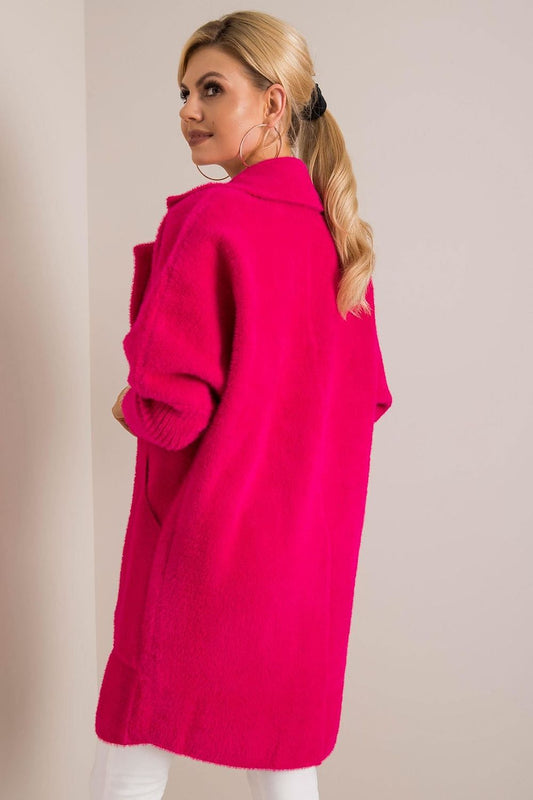 Back view of a stylish women's pink wool blend coat, showcasing its luxurious texture and design, perfect for autumn fashion.