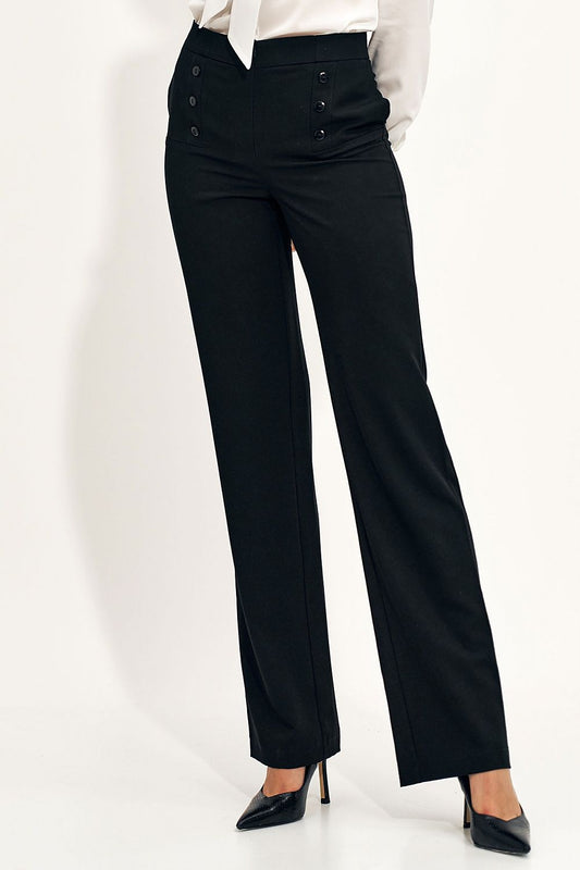 Elegant high-rise wide leg trousers featuring a refined button detail, tailored for women. Perfect for chic office and casual styling, these trousers are crafted from a premium blend of polyester and spandex for a flattering fit.