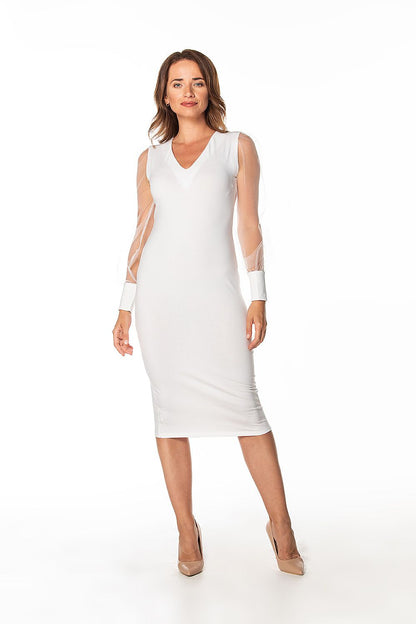 Front view of the luxurious Tessita midi dress with tulle sleeves and pointed neckline, showcased by a model exuding confidence.