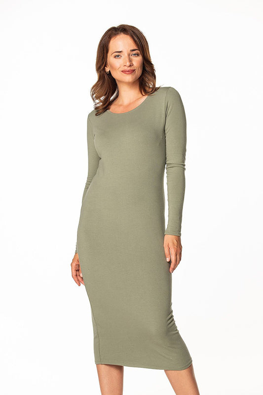 Elegant Tessita long fitted cotton knit dress in olive green featuring a boat neckline and long sleeves, perfect for sophisticated occasions.