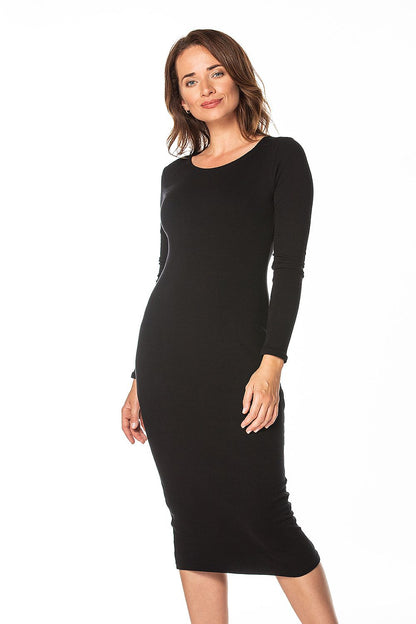 Elegant Tessita long cotton knit dress in black featuring a sophisticated boat neckline and long sleeves, designed for a flattering fitted silhouette.